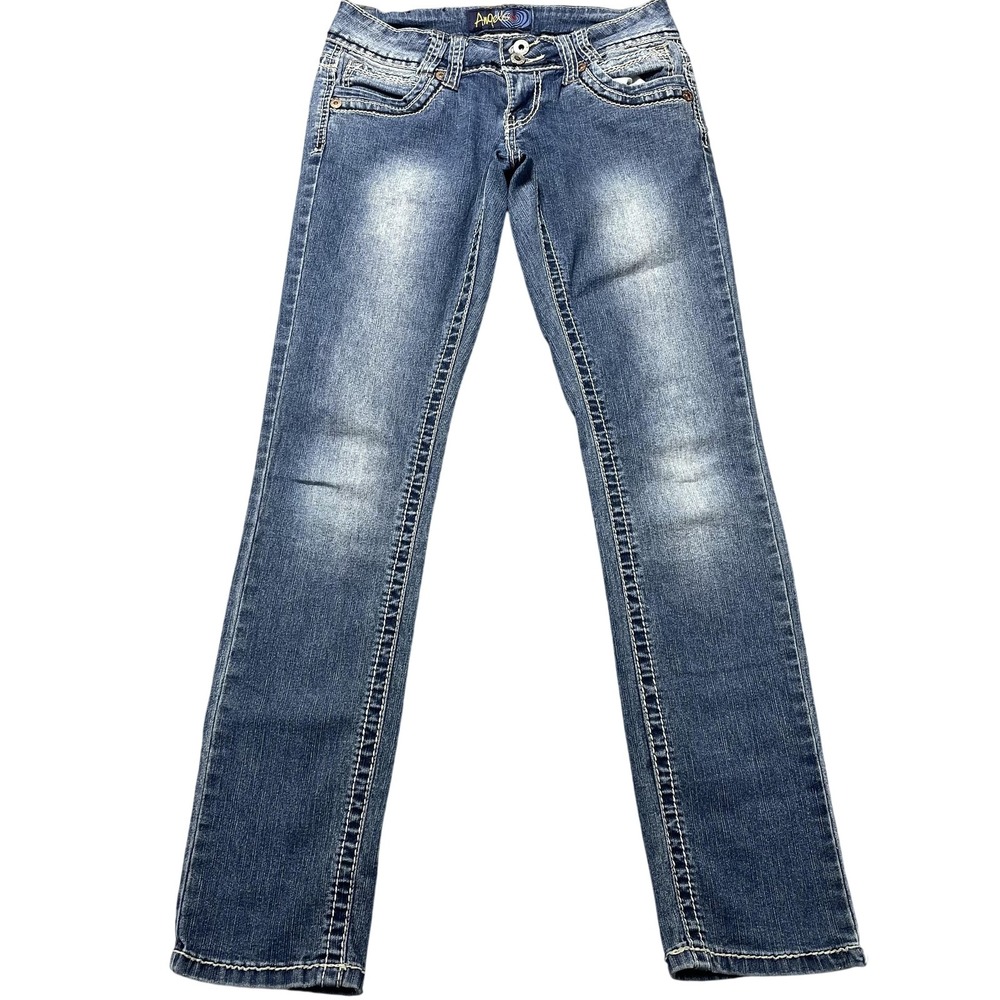 Angels Jeans Womens 7 Blue Medium Wash Low Rise Straight Stretch Denim 28x29.5